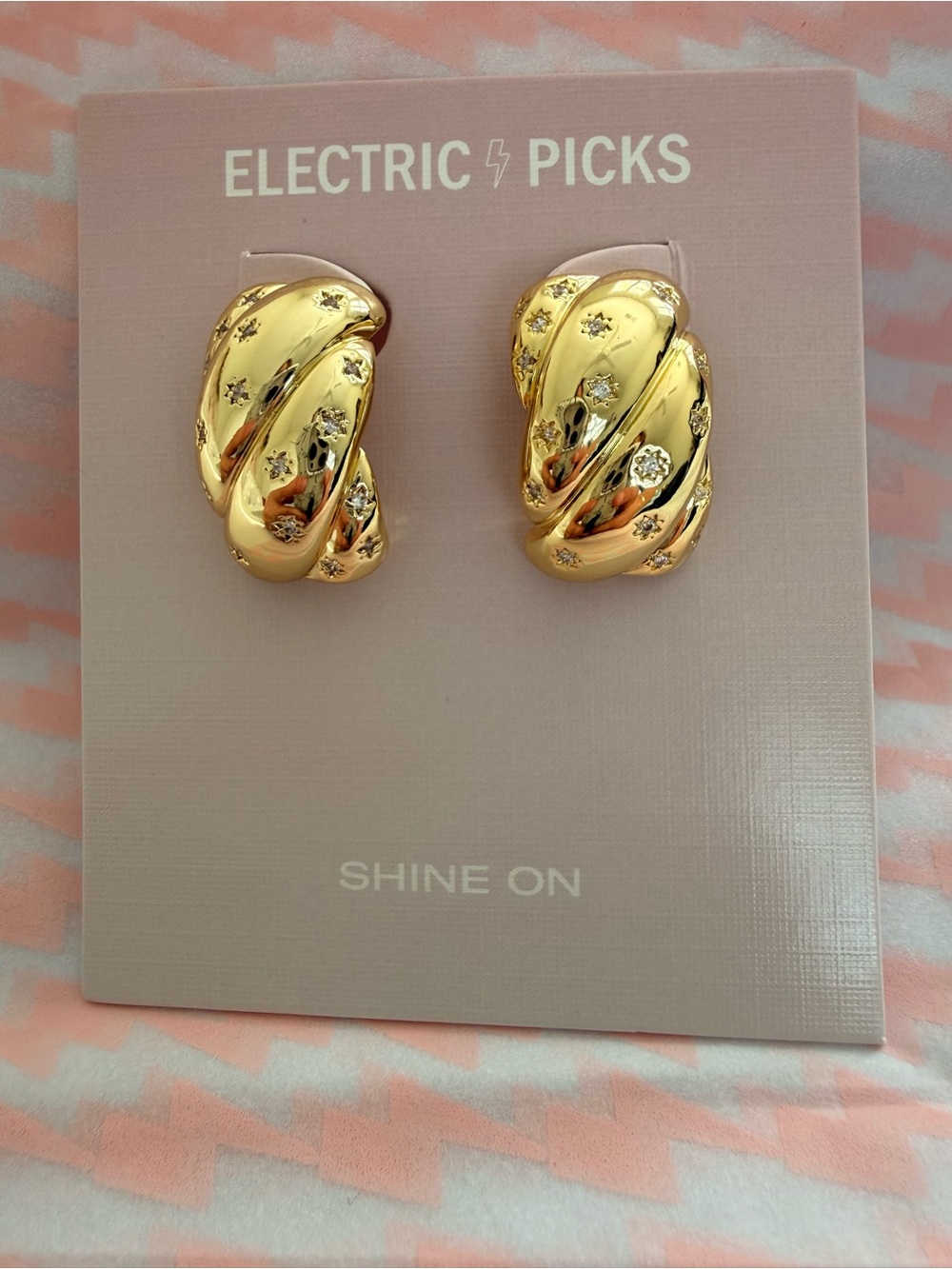 Electric Picks Gold Twisted Semi-Hoop Earrings with Crystal Stars